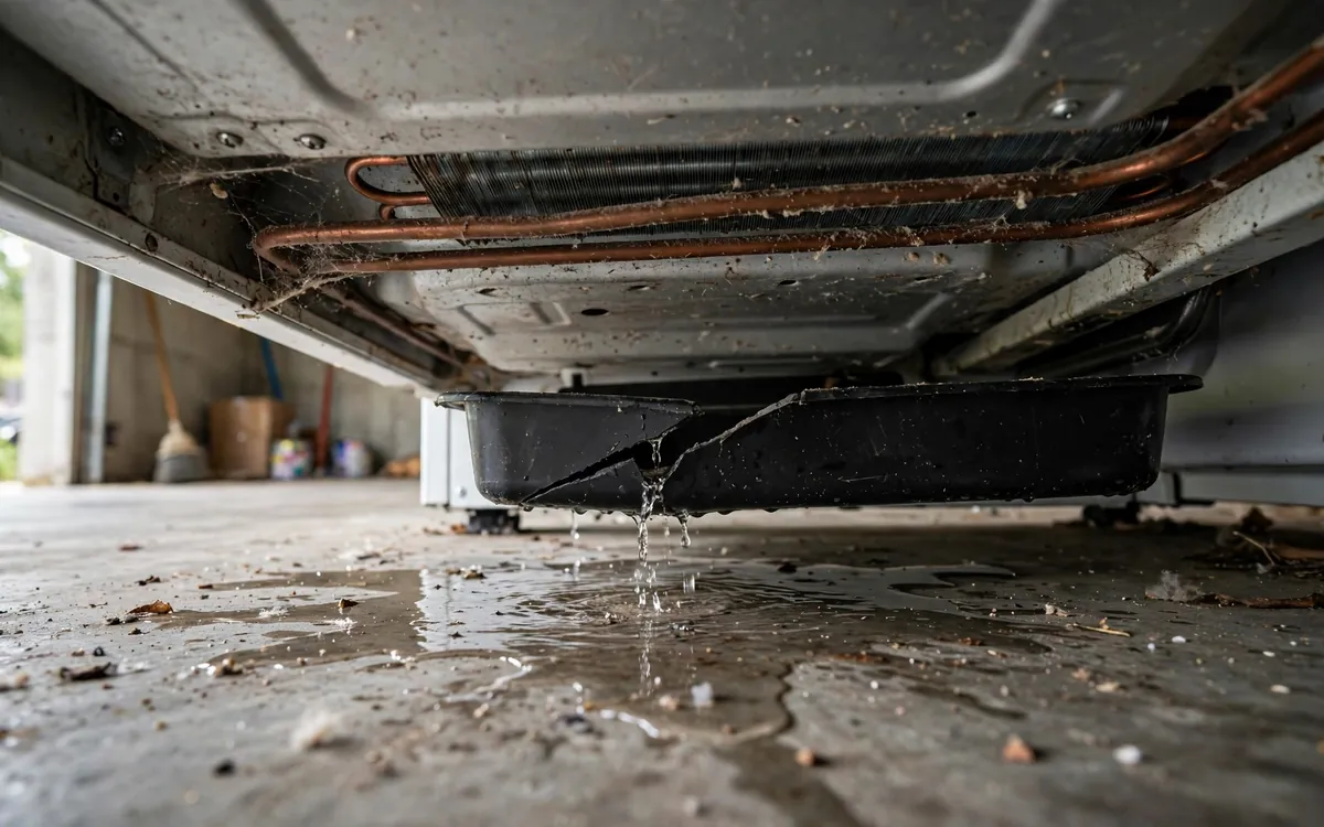 Cracked drain pan underneath a refrigerator leaking water