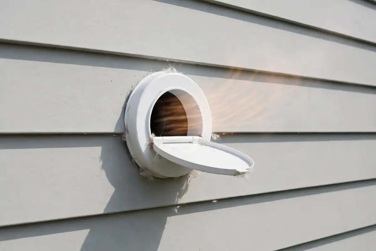 White exterior dryer vent cap on a house wall with the exhaust flap open and lint around the opening