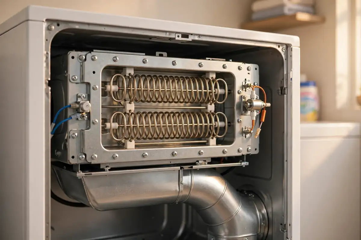 Opened rear panel of an electric clothes dryer showing the heating element assembly with metal coil housing