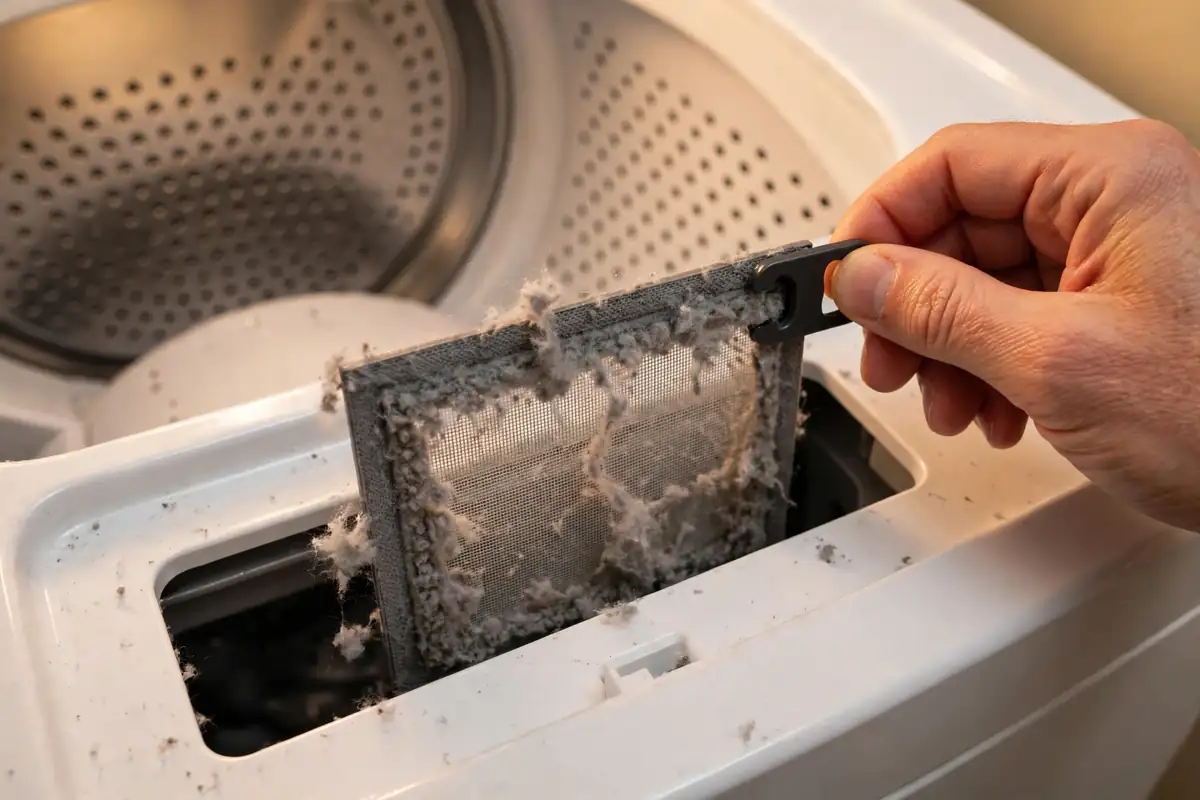 Close-up of a dryer lint screen half-pulled from its slot with visible lint buildup on the mesh