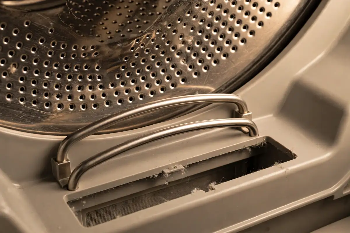 Close-up of two stainless steel moisture sensor bars inside a dryer drum near the lint filter