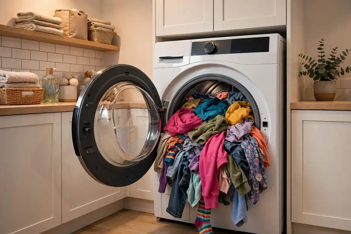 Overloaded dryer drum packed too full of colorful clothes with the door open