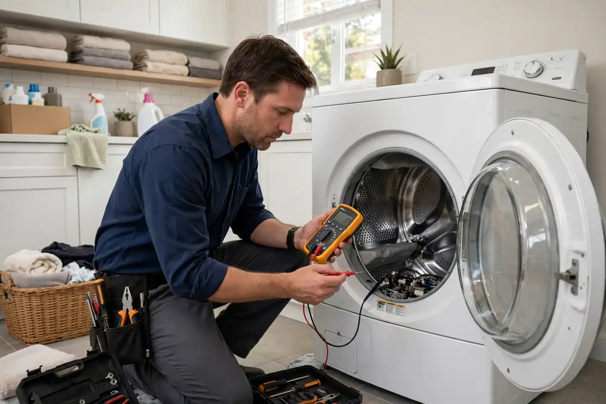 Appliance repair technician kneeling beside an open clothes dryer, testing with a digital multimeter