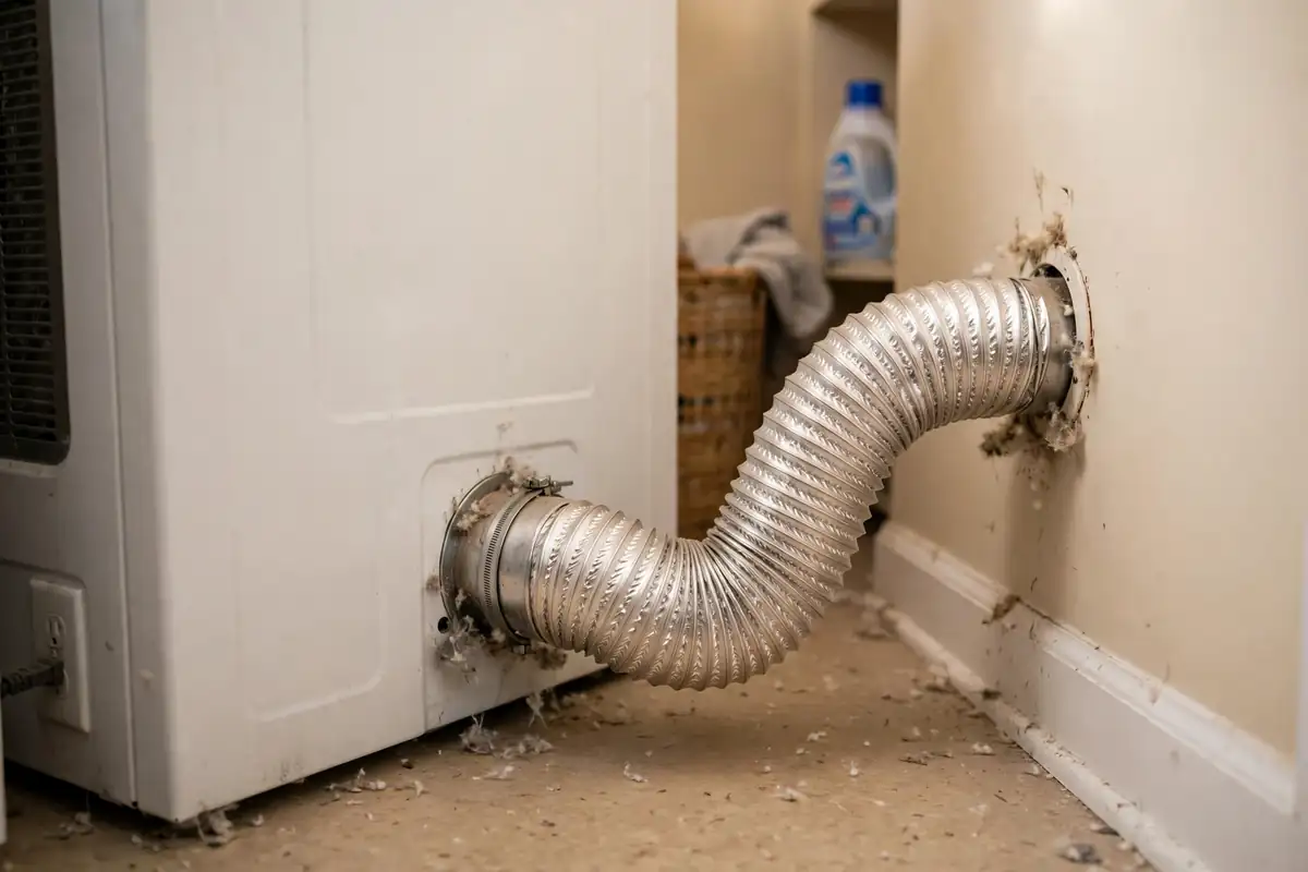 Silver flexible dryer vent hose behind a clothes dryer, slightly kinked where it connects to the wall