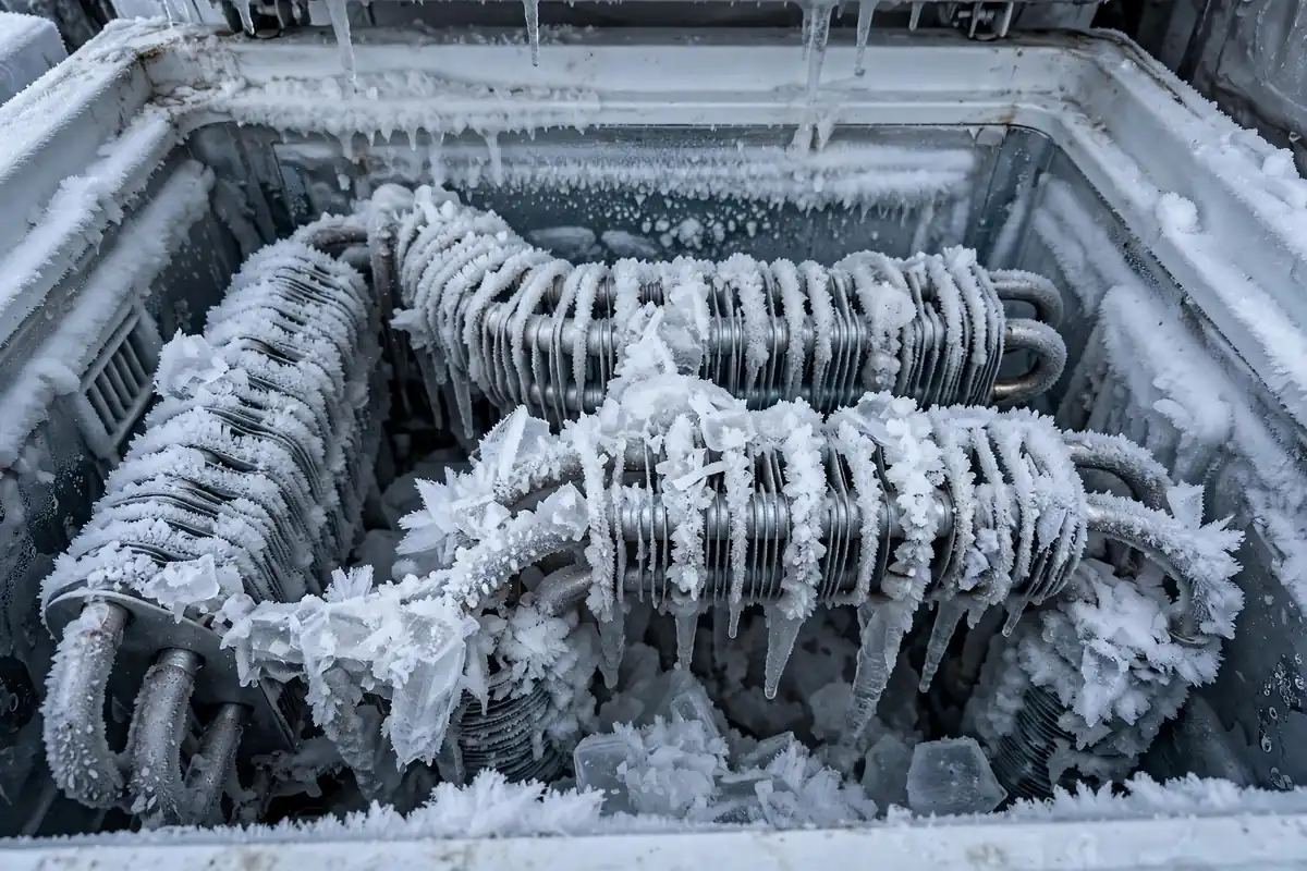 Heavy frost buildup on freezer evaporator coils from defrost system failure