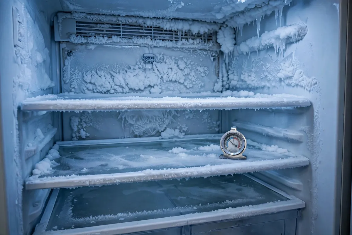 Heavy frost buildup inside a freezer with a thermometer on the shelf