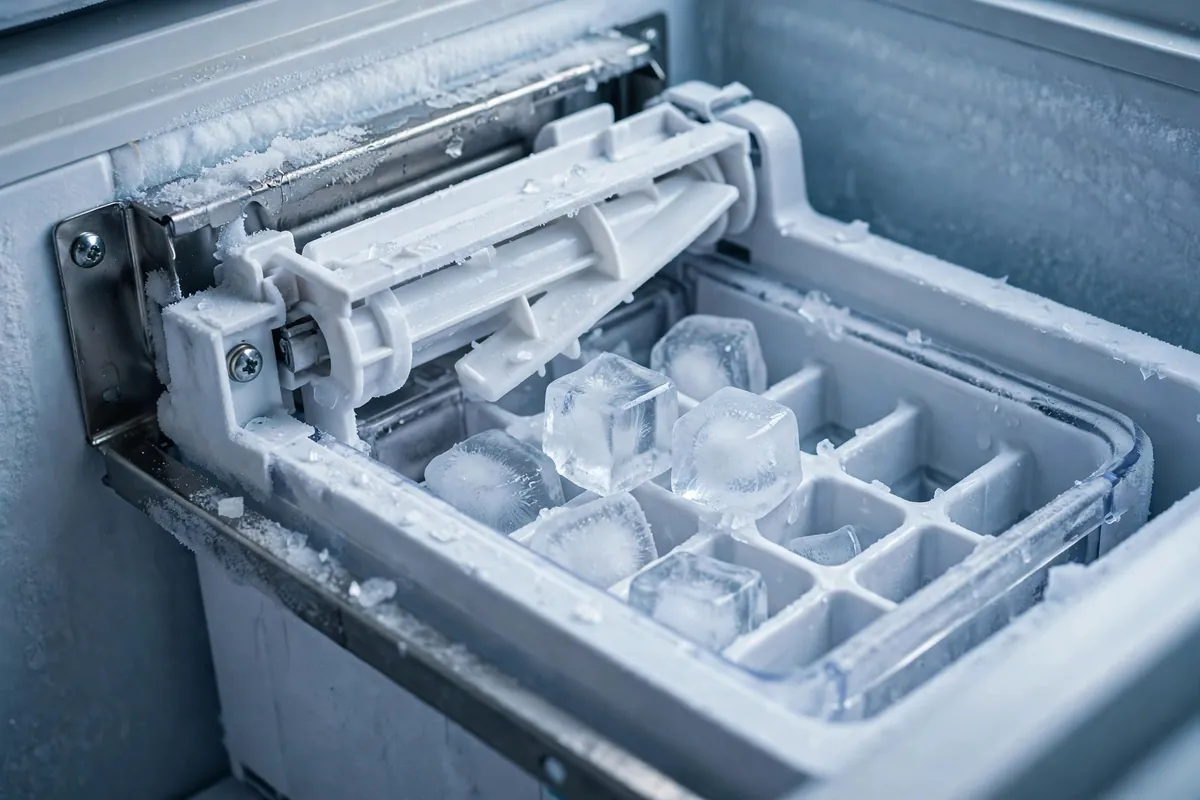 Close-up of a refrigerator ice maker assembly with ice mold and ejector arm