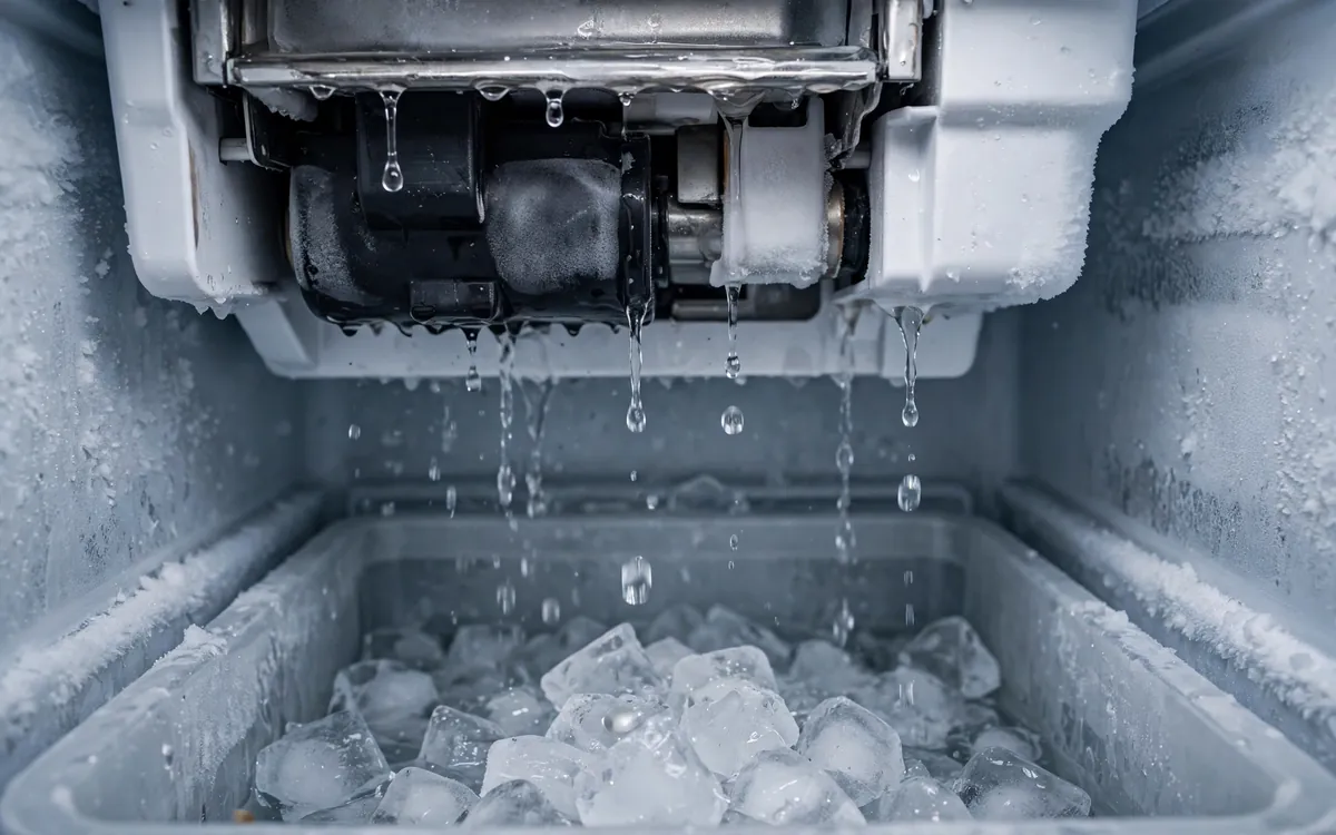 Water dripping from a leaking refrigerator ice maker into the ice bin