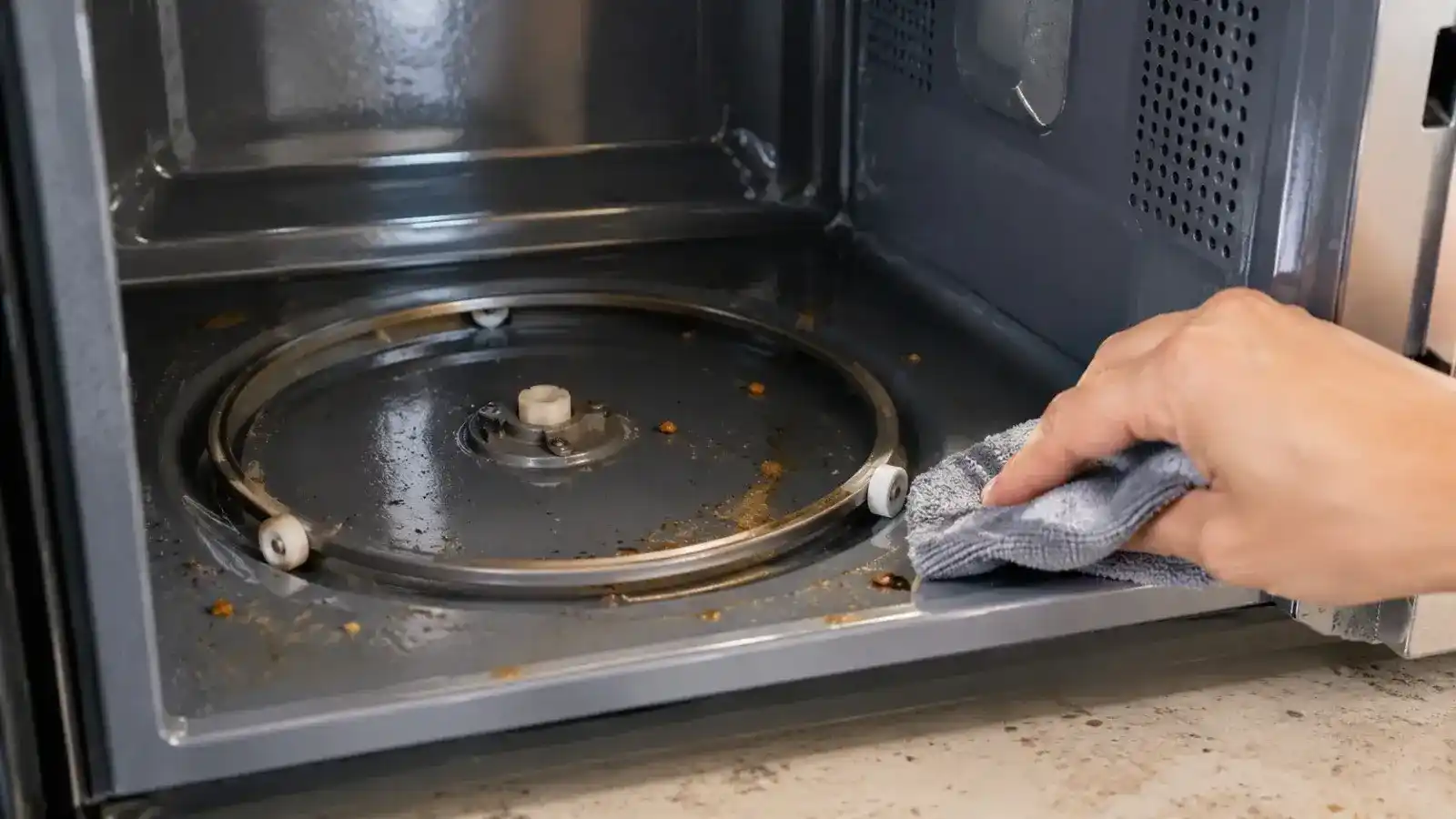 Cleaning food debris from a microwave turntable track