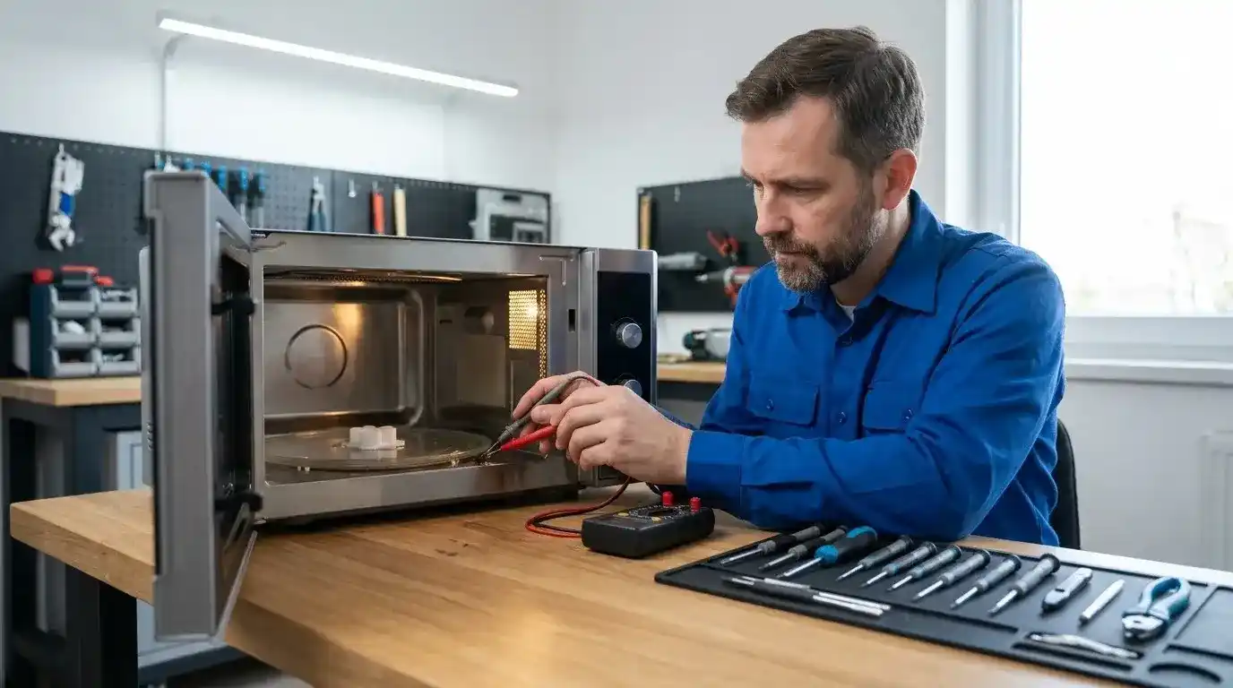 Appliance technician diagnosing a microwave turntable motor