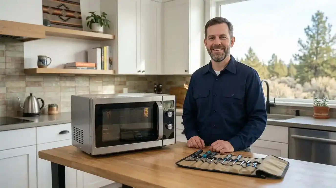 Appliance technician troubleshooting a microwave in Bend Oregon