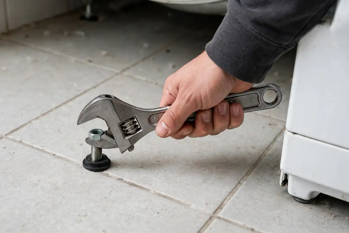 Close-up of a washing machine leveling foot being adjusted with a wrench on a tile floor