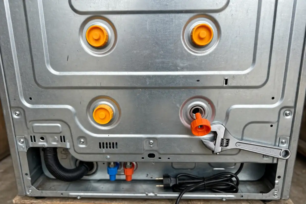 Back of a new washing machine showing shipping bolts that must be removed before use