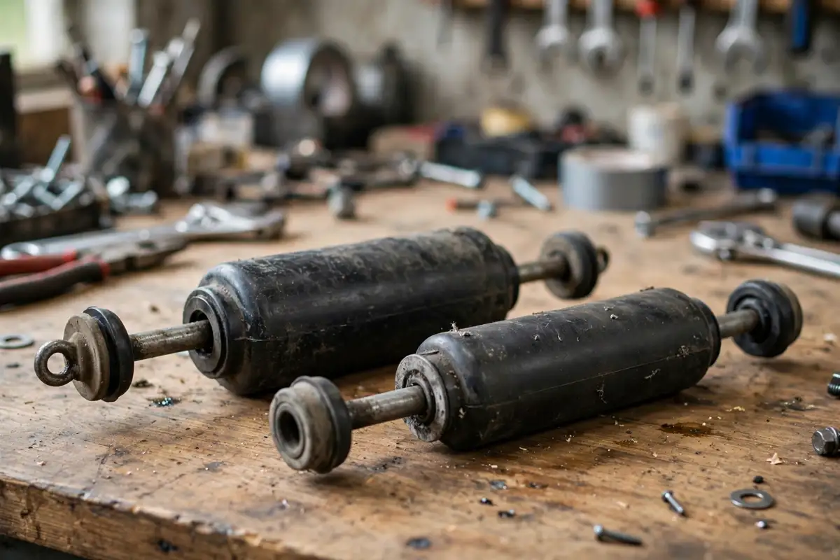 Worn shock absorbers and dampers removed from a washing machine laid on a workbench