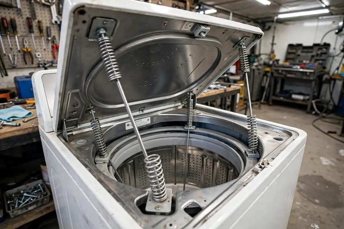 Top-load washing machine with the top panel open showing suspension rods and springs
