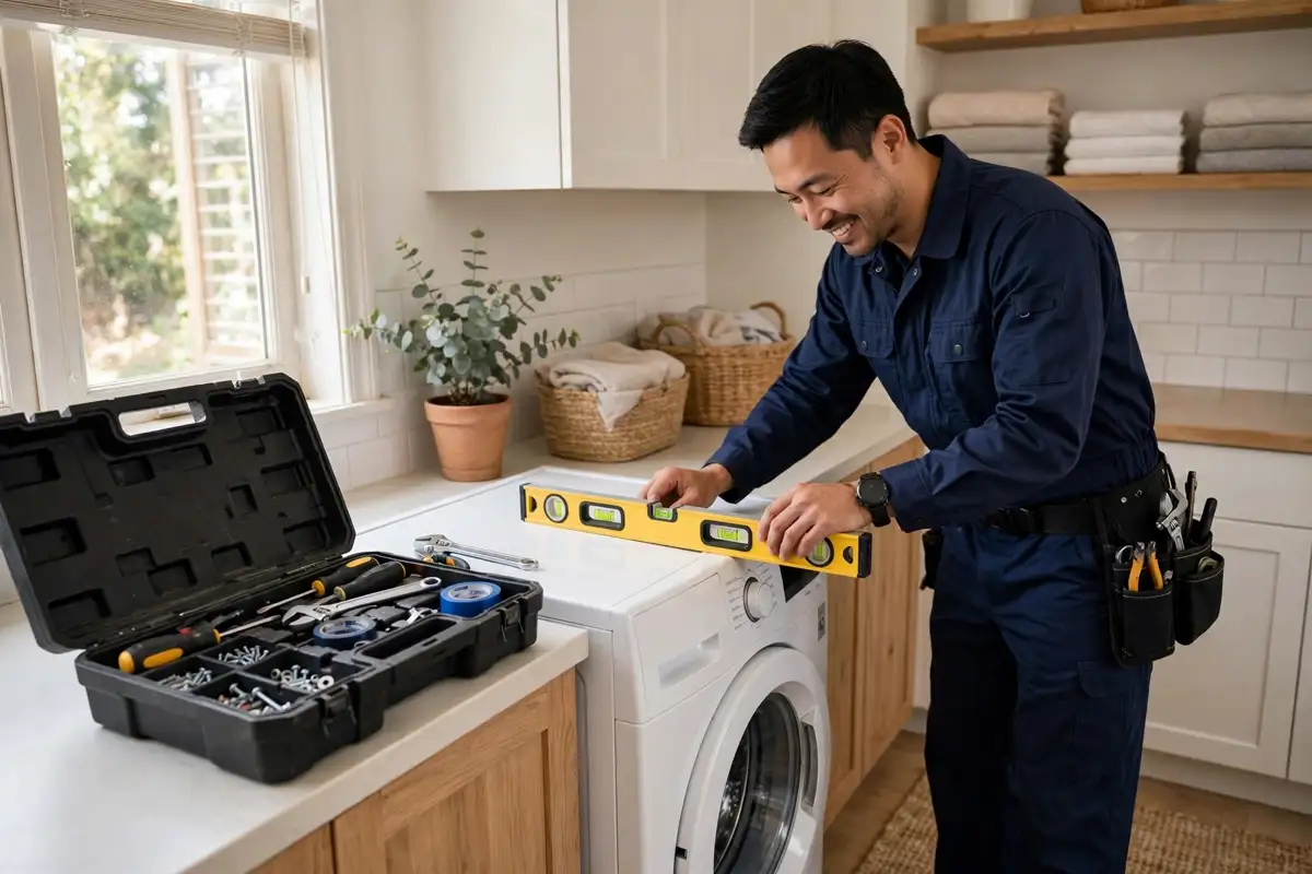 Appliance repair technician in a navy uniform leveling a washing machine in a home laundry room