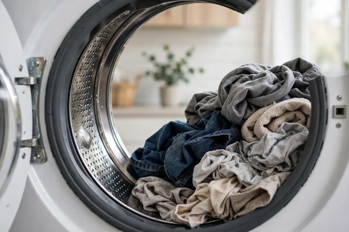 Washing machine drum with clothes bunched on one side causing an unbalanced load