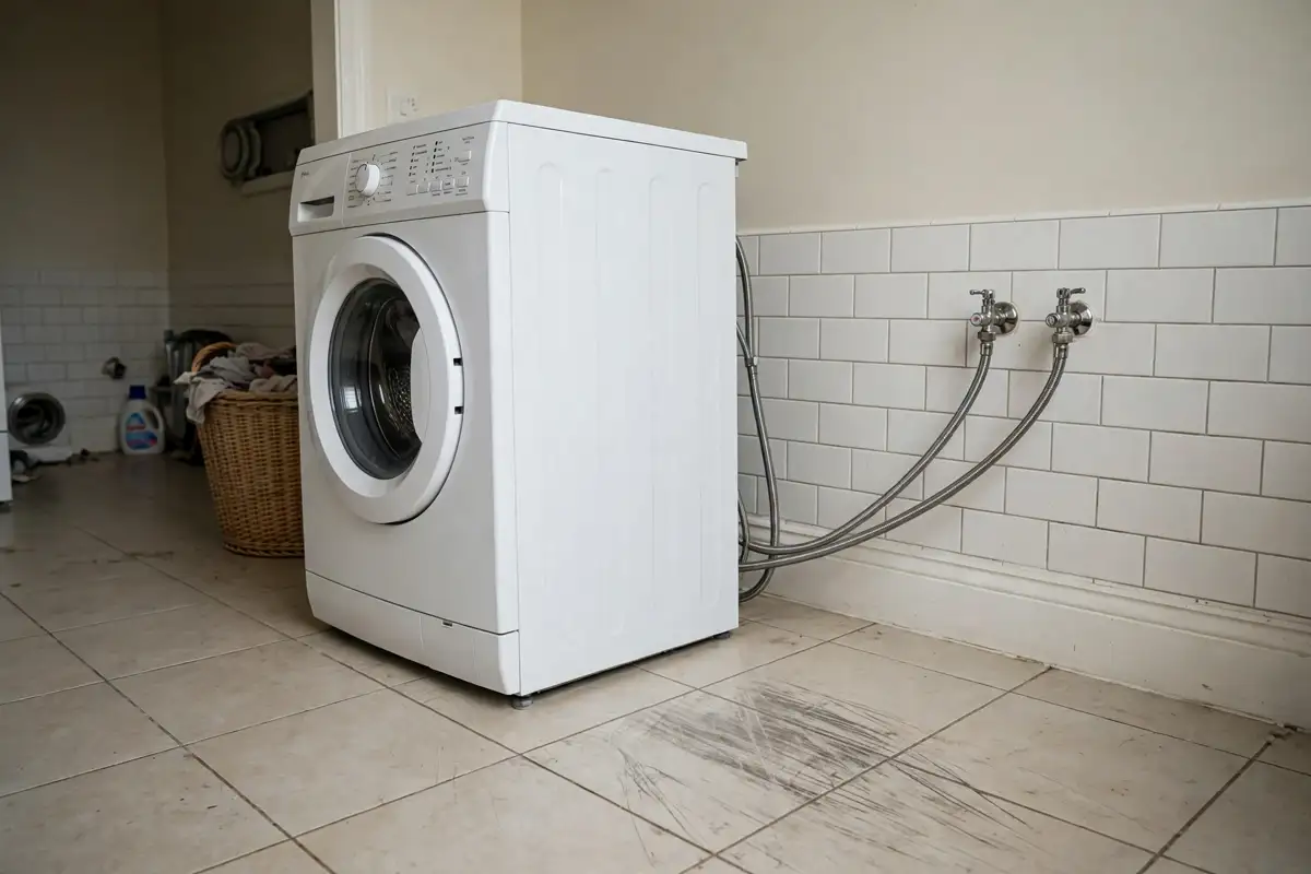 Washing machine shifted away from the wall on a laundry room floor after walking during spin cycle