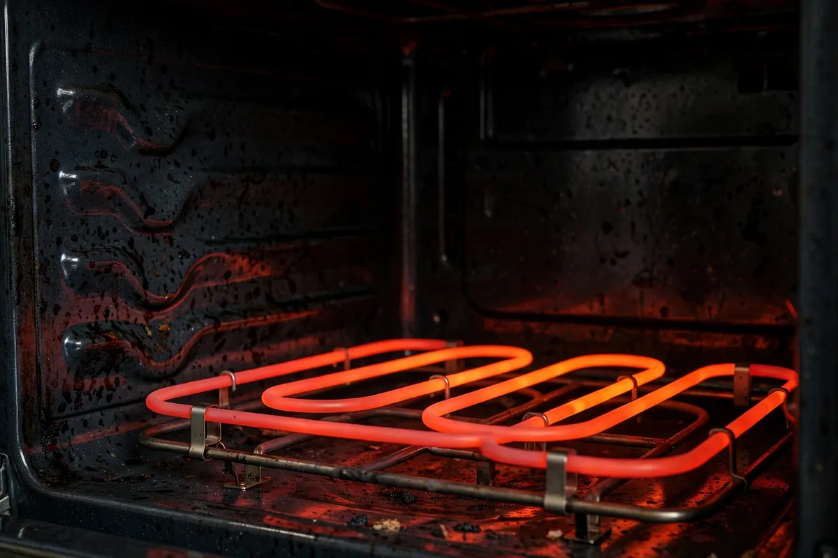 Close-up of a glowing electric oven bake element at the bottom of the oven cavity