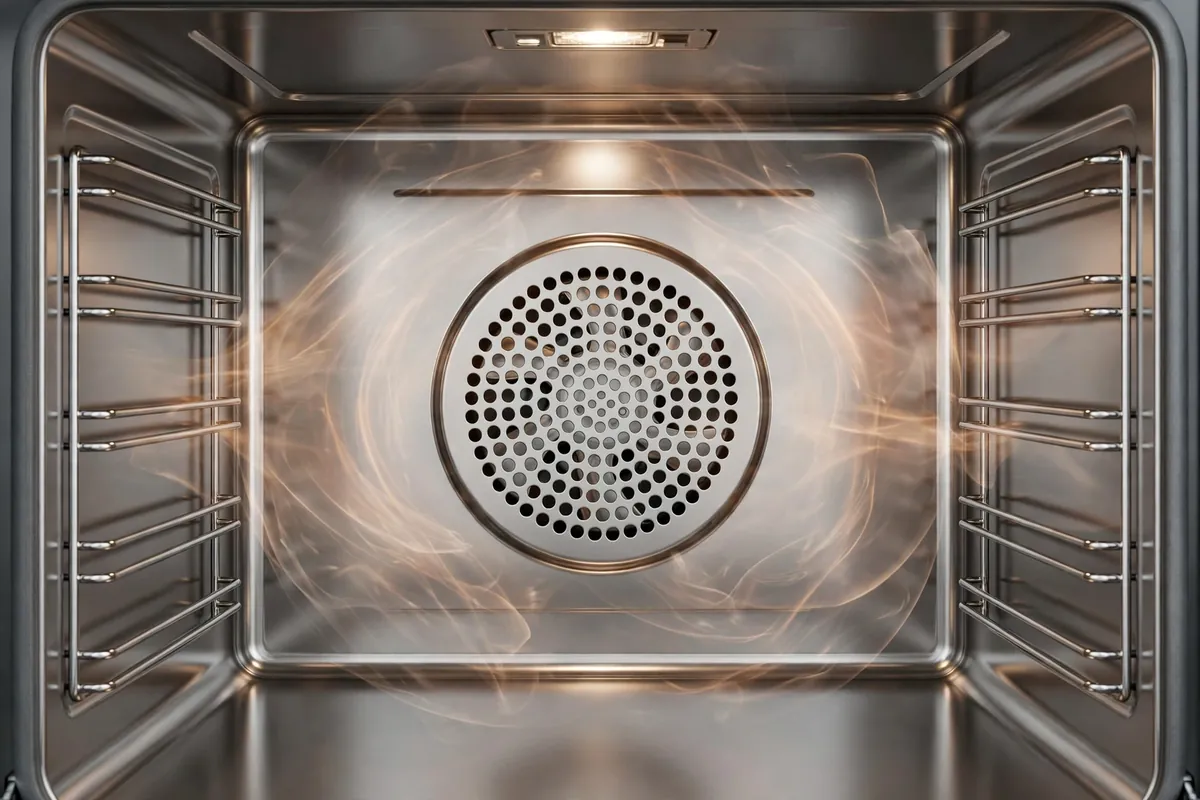 Inside of a convection oven showing the fan cover at the back wall circulating hot air