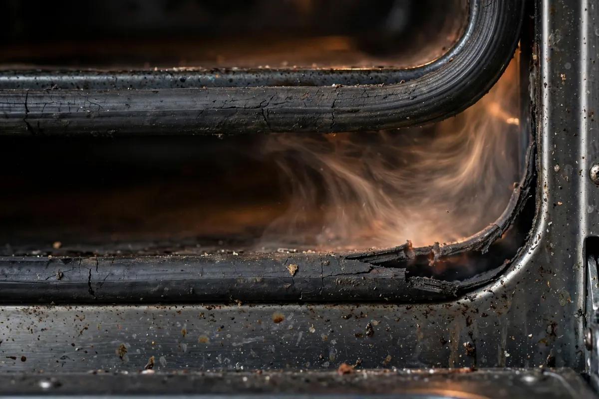 Close-up of a worn oven door gasket with a visible gap letting heat escape