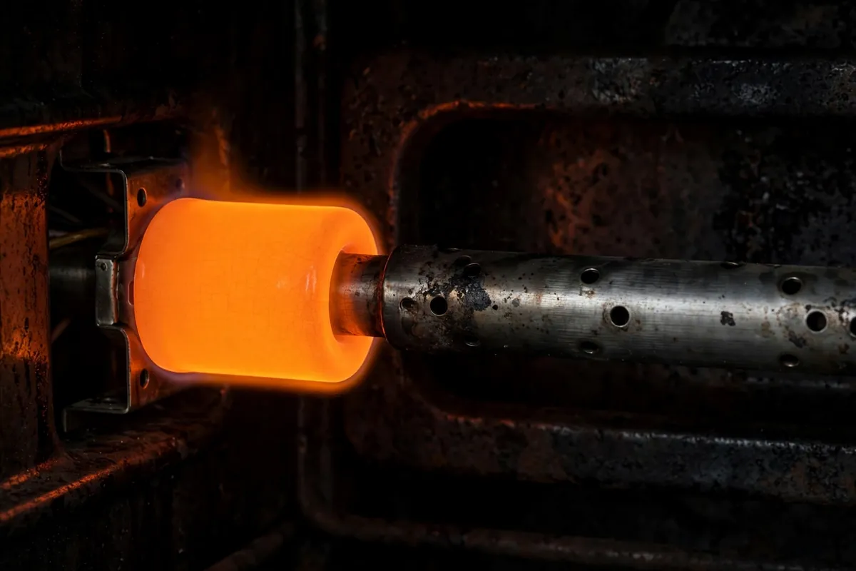 Close-up of a gas oven igniter glowing orange next to the burner tube
