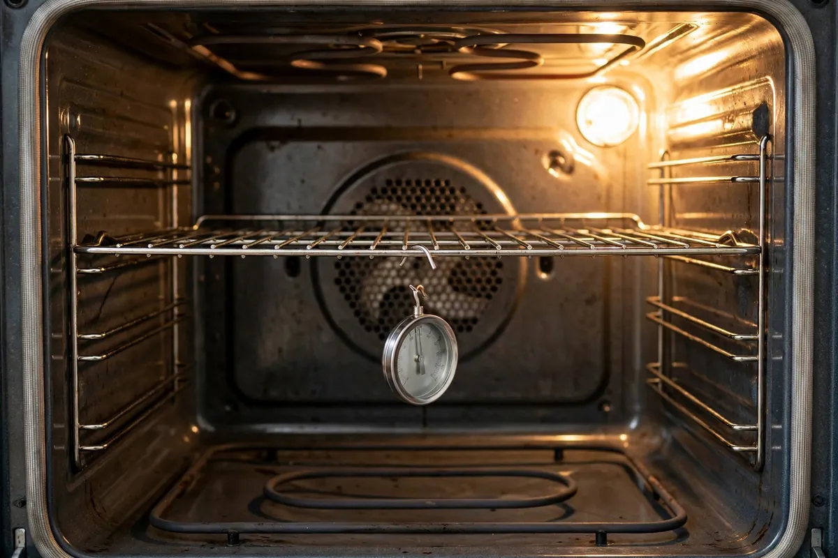 Oven thermometer hanging from the middle rack inside a home oven during a temperature test