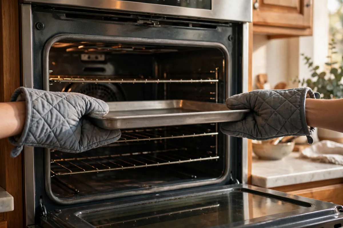 Hands placing a baking tray on the middle rack of an oven at the correct height