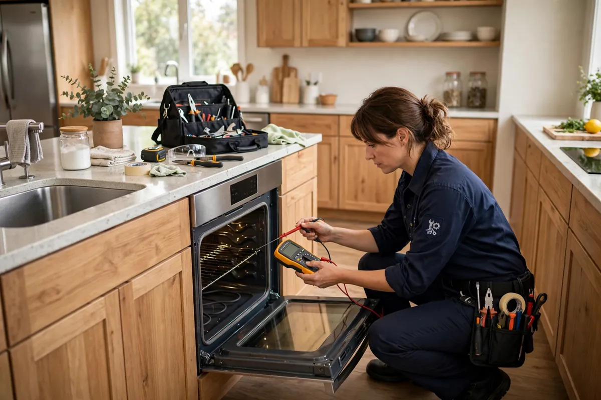 Appliance repair technician in a navy uniform testing an oven with a multimeter in a home kitchen