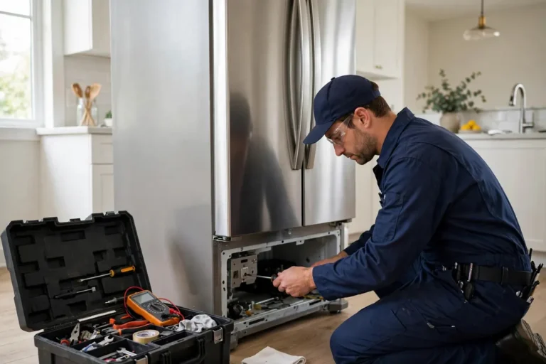 Appliance repair technician performing refrigerator maintenance in a Bend, Oregon home