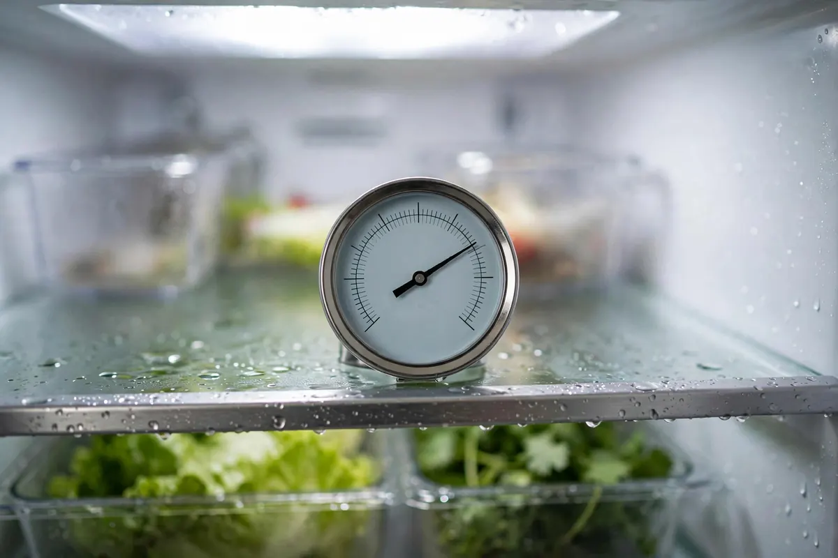 Checking refrigerator temperature with a thermometer — a faulty thermostat keeps the fridge running constantly