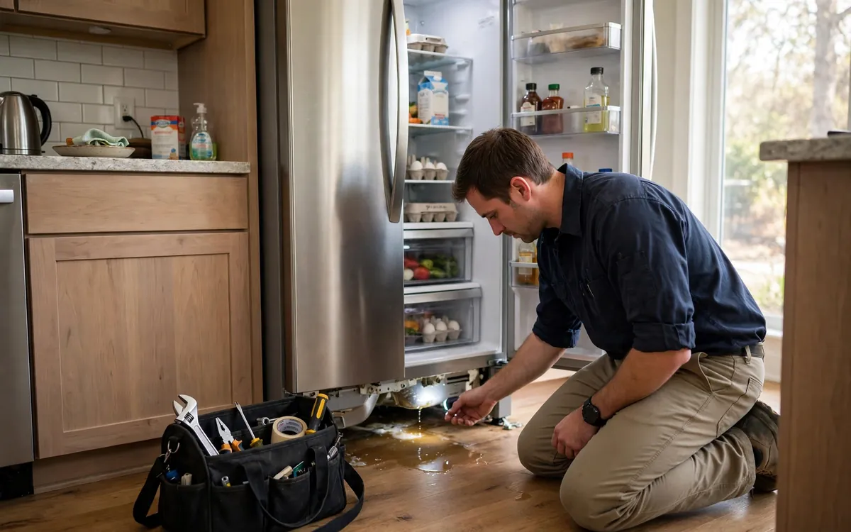 Appliance repair technician diagnosing a refrigerator water leak