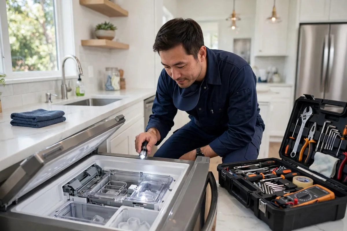 Appliance repair technician inspecting a refrigerator ice maker