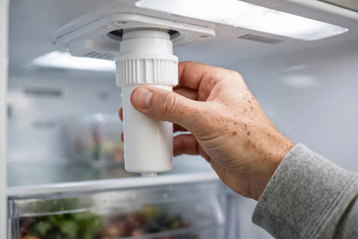 Hand replacing a refrigerator water filter cartridge