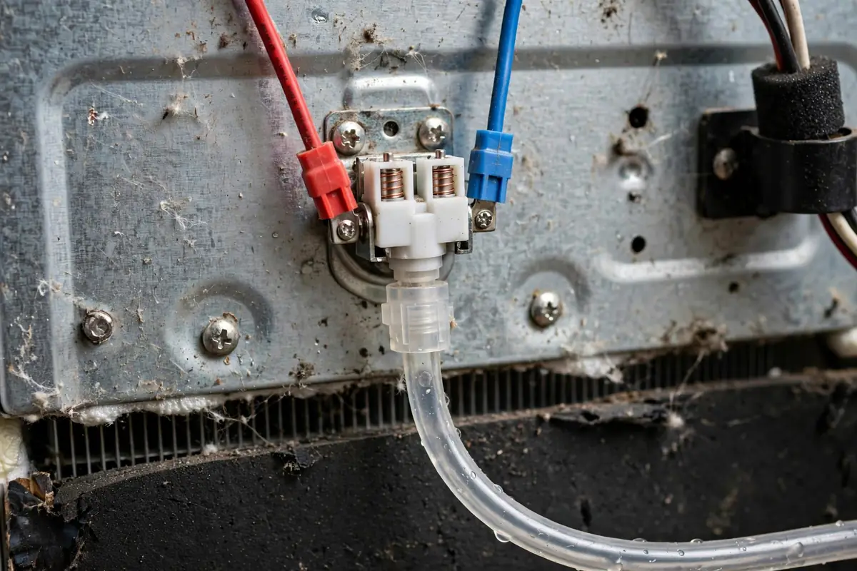 Refrigerator water inlet valve with solenoid wire connectors and water tubing