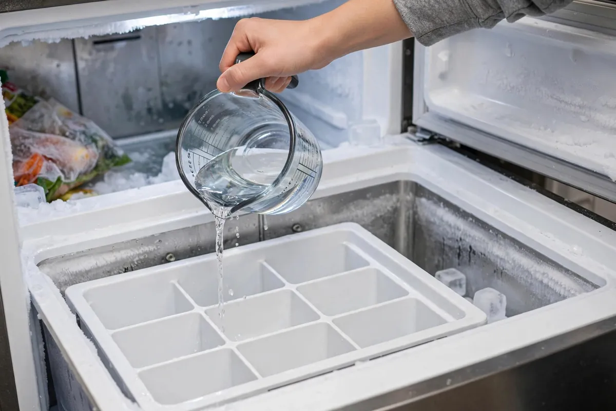 Pouring water into an ice maker mold during the water-pour diagnostic test