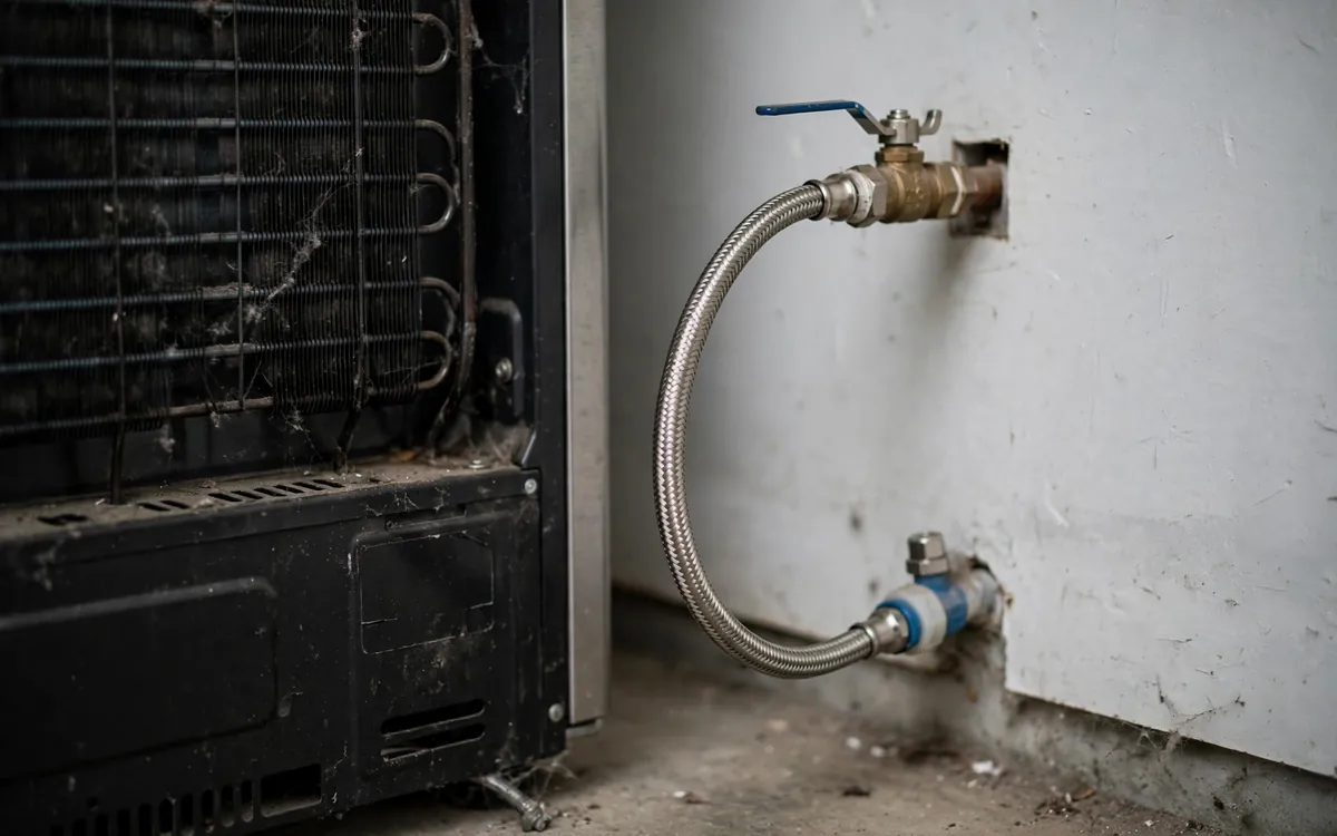 Braided water supply line connected to a refrigerator inlet valve
