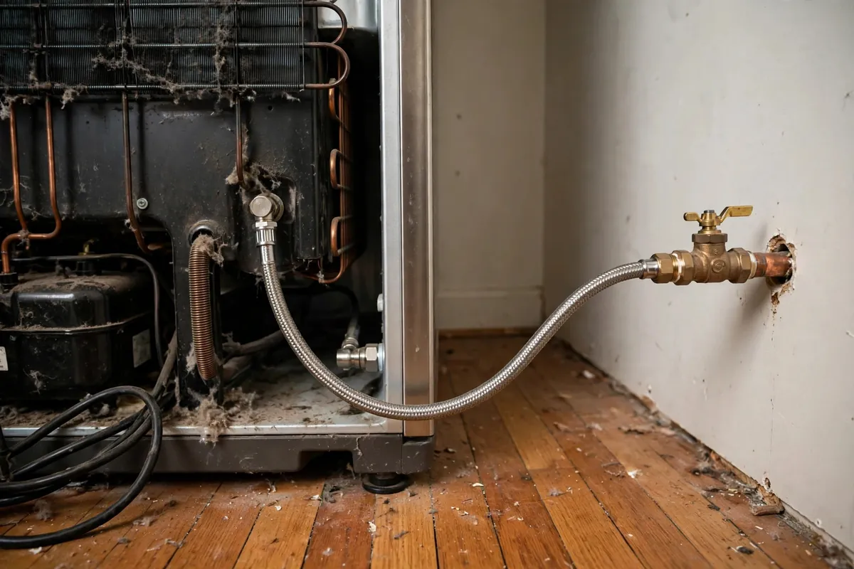 Braided stainless steel water supply line connected to a shut-off valve behind a refrigerator
