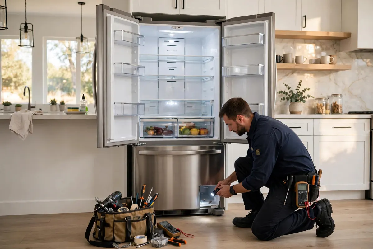 Technician diagnosing a refrigerator running constantly in a Bend, Oregon kitchen